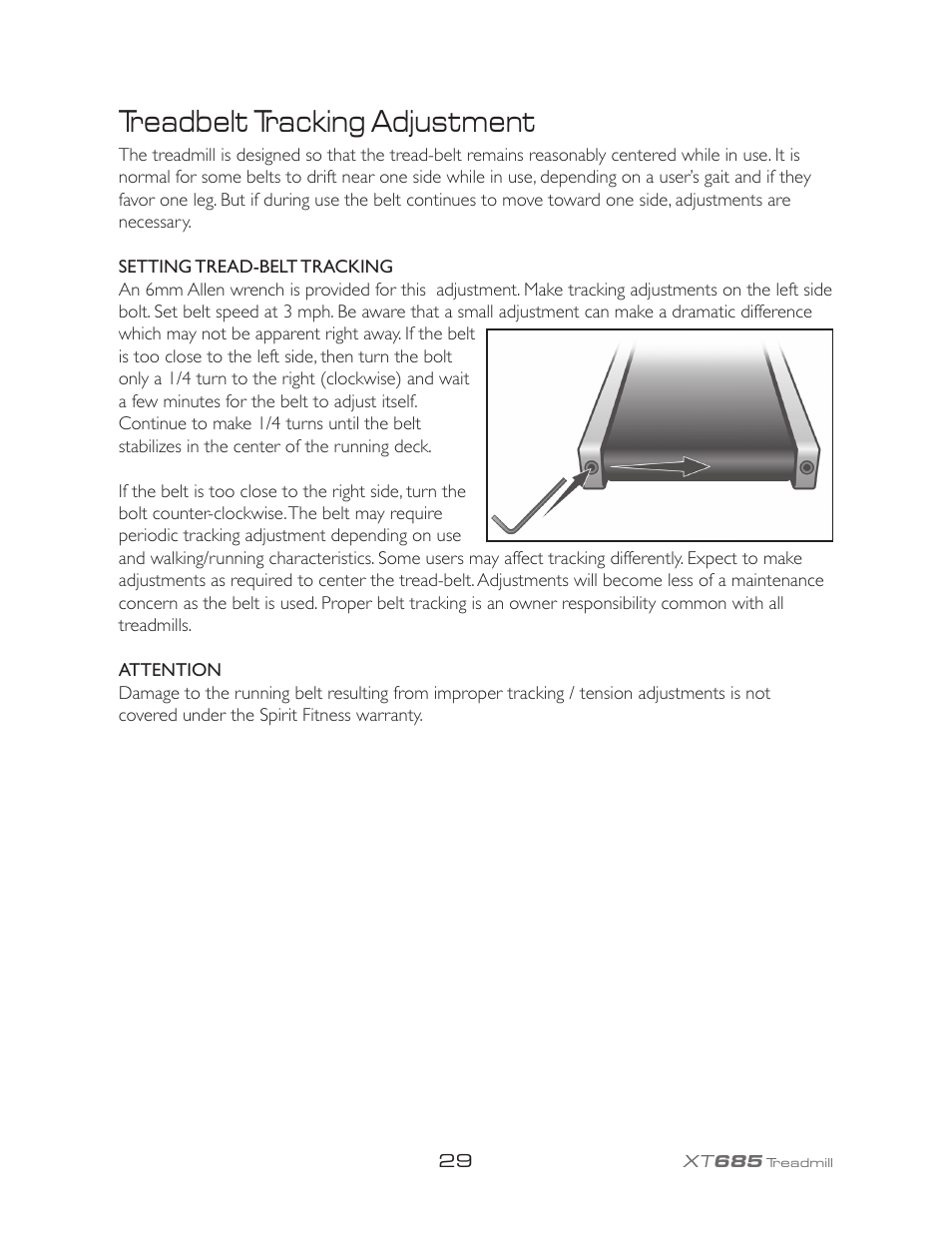 Treadbelt tracking adjustment | Spirit XT685 User Manual | Page 33 / 38