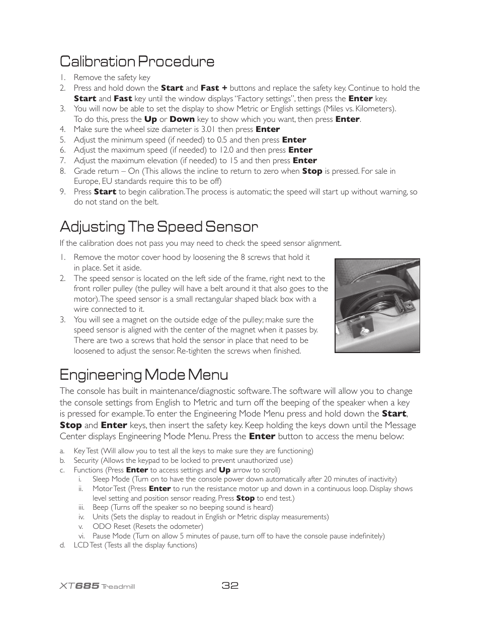 Adjusting the speed sensor engineering mode menu, Calibration procedure | Spirit XT685 User Manual | Page 36 / 38