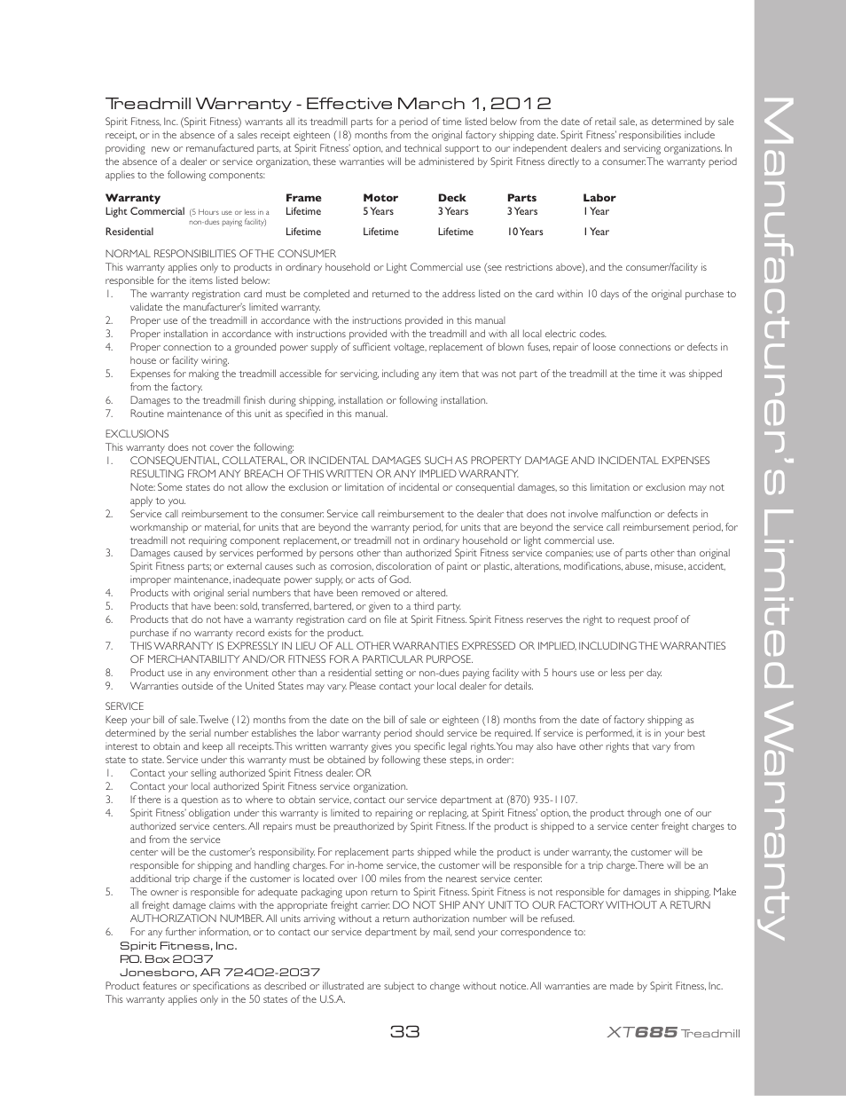 Manuf actur er’s limited w arr ant y | Spirit XT685 User Manual | Page 37 / 38