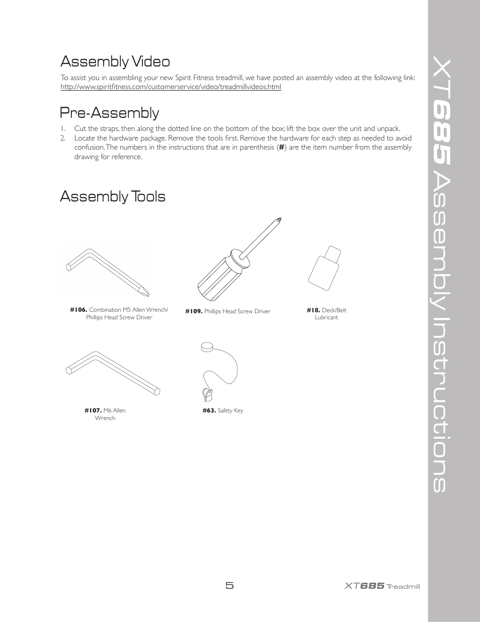 Xt 685, Assembly instructions, Pre-assembly | Assembly tools, Assembly video | Spirit XT685 User Manual | Page 9 / 38