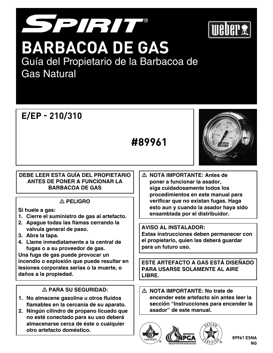 Barbacoa de gas, Guía del propietario de la barbacoa de gas natural | Spirit E/EP - 210/310 User Manual | Page 17 / 44
