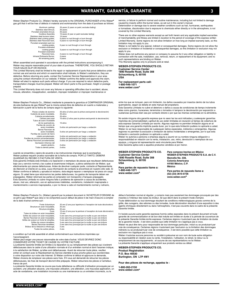 Warranty, Warranty, garantía, garantie | Spirit E/EP - 210/310 User Manual | Page 3 / 44