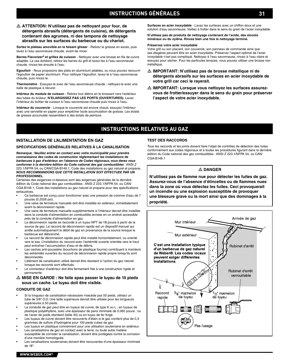 General instructions, Instructions générales, Instructions relatives au gaz | Spirit E/EP - 210/310 User Manual | Page 31 / 44