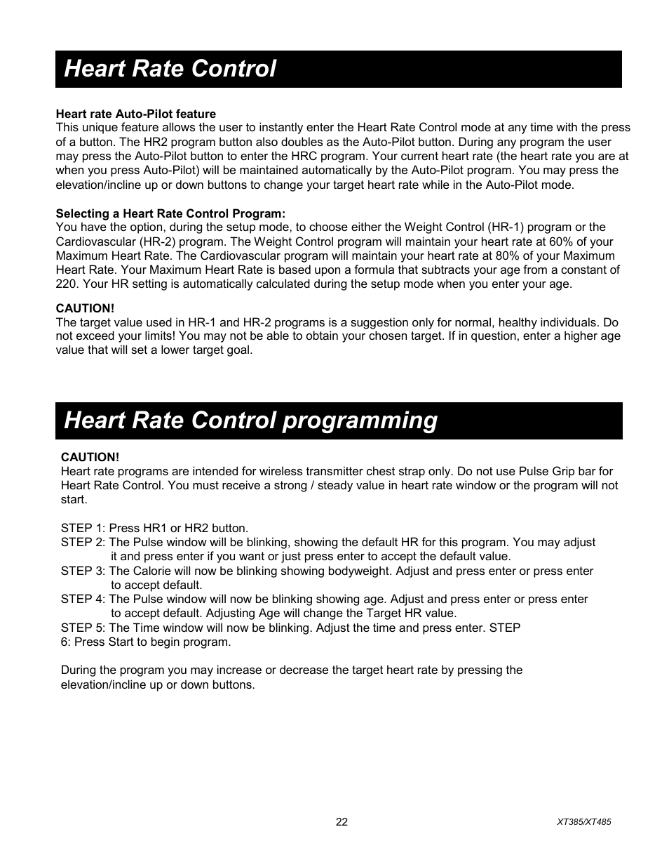 Heart rate control programming, Heart rate control | Spirit XT385 User Manual | Page 23 / 29