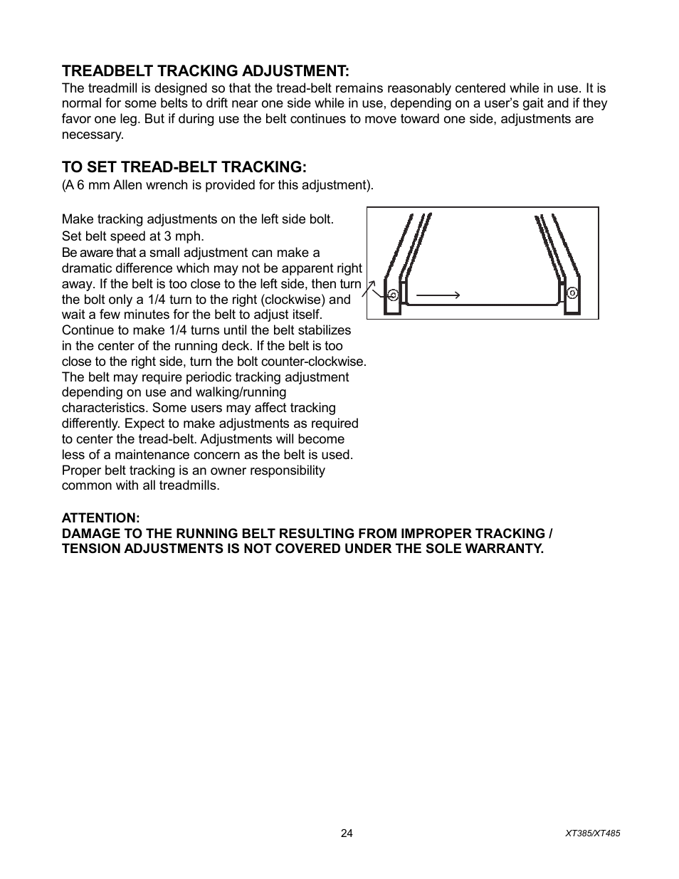 Treadbelt tracking adjustment | Spirit XT385 User Manual | Page 25 / 29