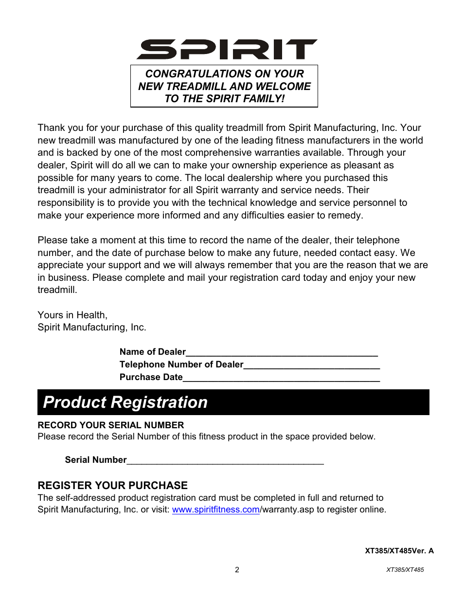 Product registration | Spirit XT385 User Manual | Page 3 / 29
