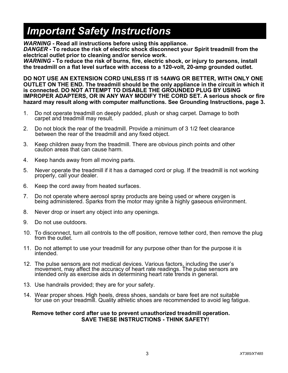 Important safety instructions | Spirit XT385 User Manual | Page 4 / 29