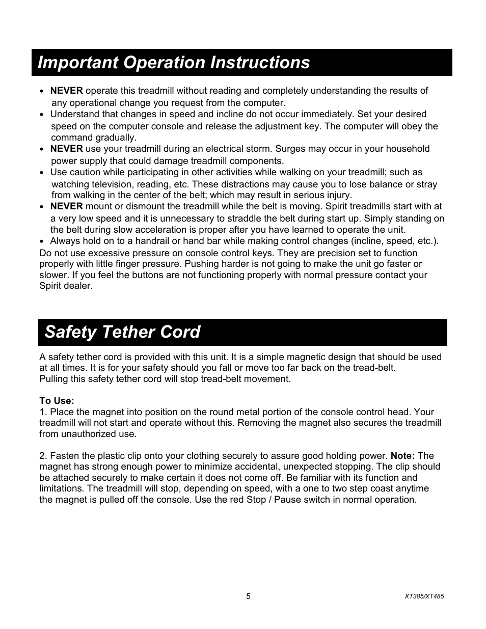 Safety tether cord, Important operation instructions | Spirit XT385 User Manual | Page 6 / 29