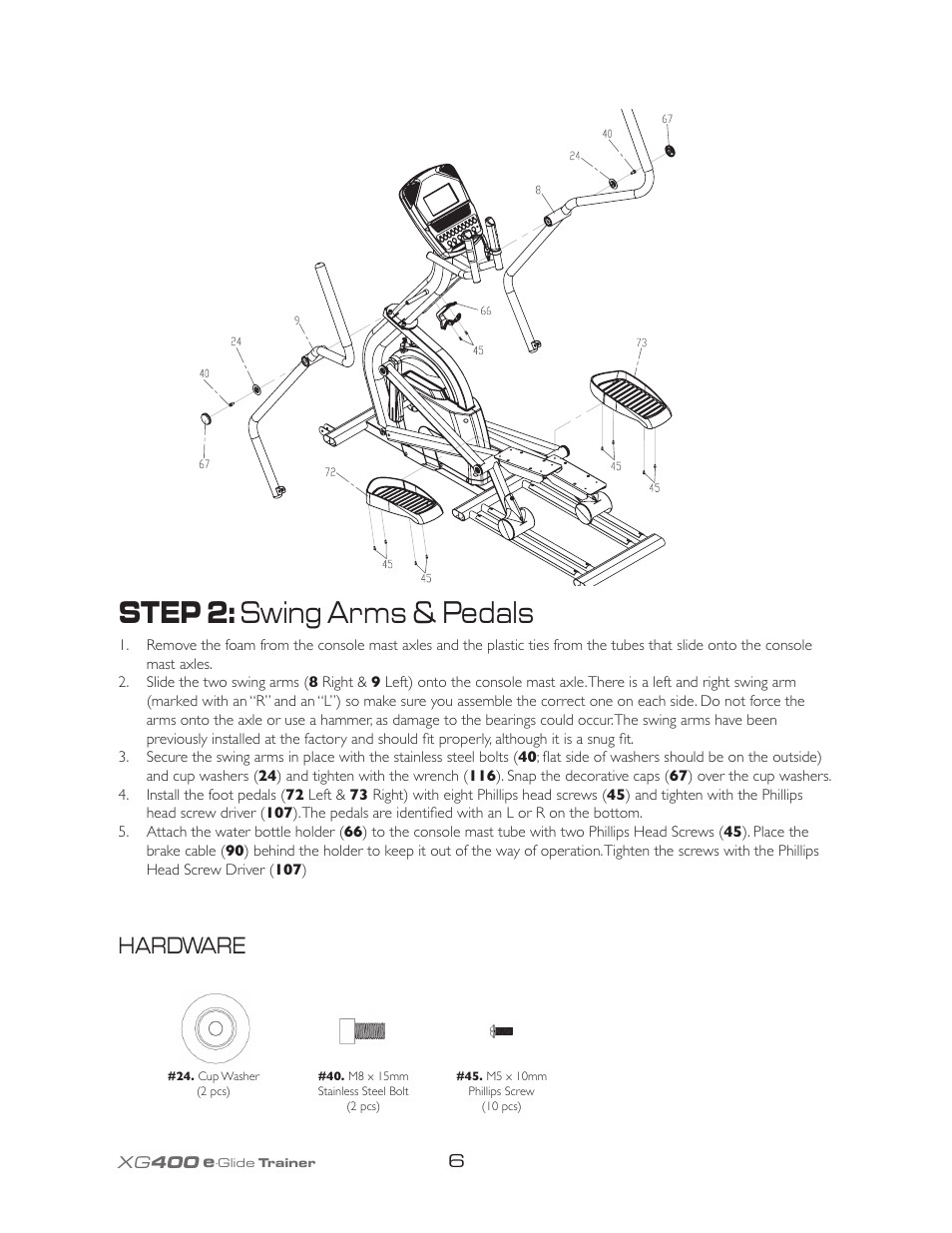 Step 2: swing arms & pedals, Hardware | Spirit XG400 User Manual | Page 10 / 28