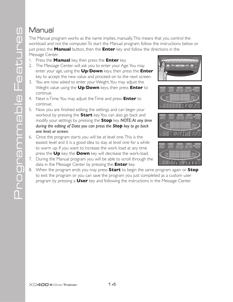 Pr ogr ammable f eatur es, Manual | Spirit XG400 User Manual | Page 18 / 28
