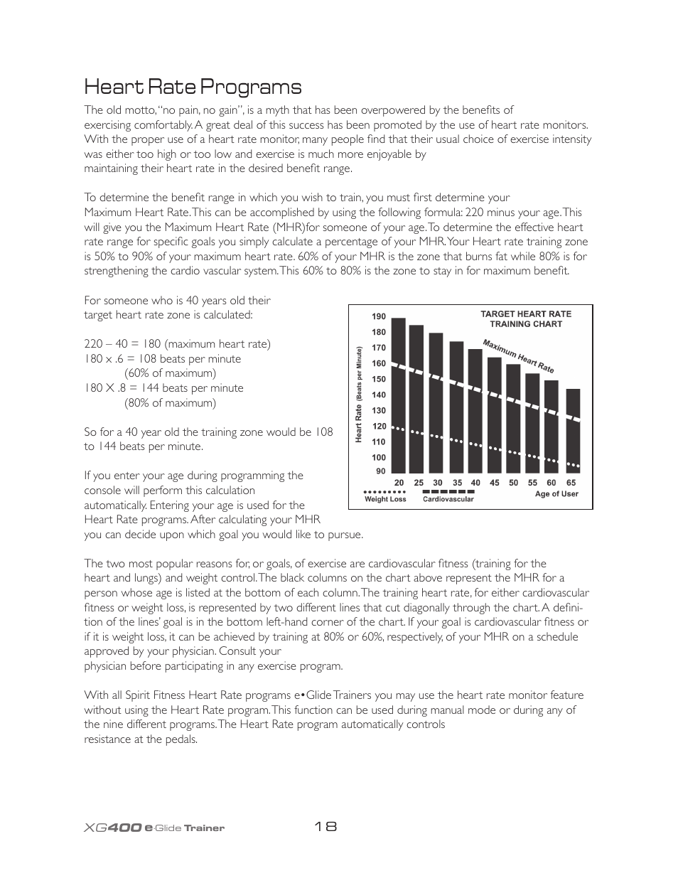 Heart rate programs | Spirit XG400 User Manual | Page 22 / 28