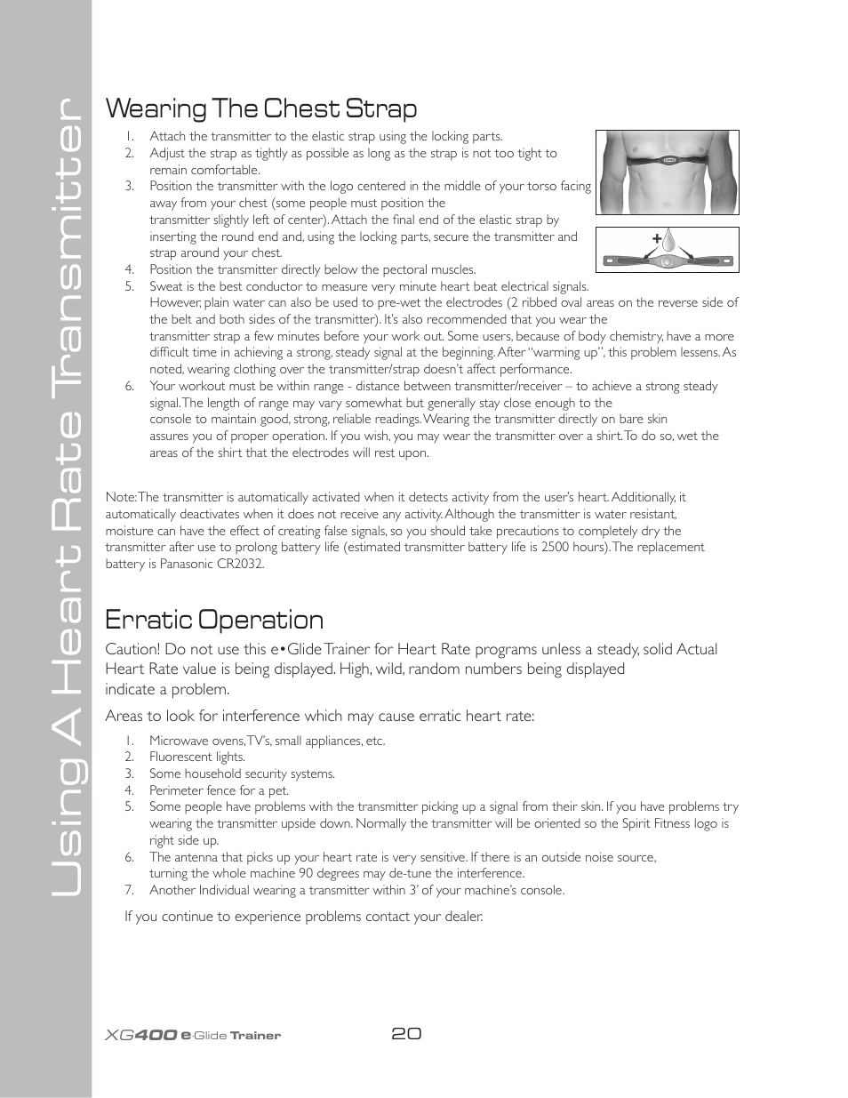 Using a heart r ate t ransmitter, Wearing the chest strap, Erratic operation | Spirit XG400 User Manual | Page 24 / 28