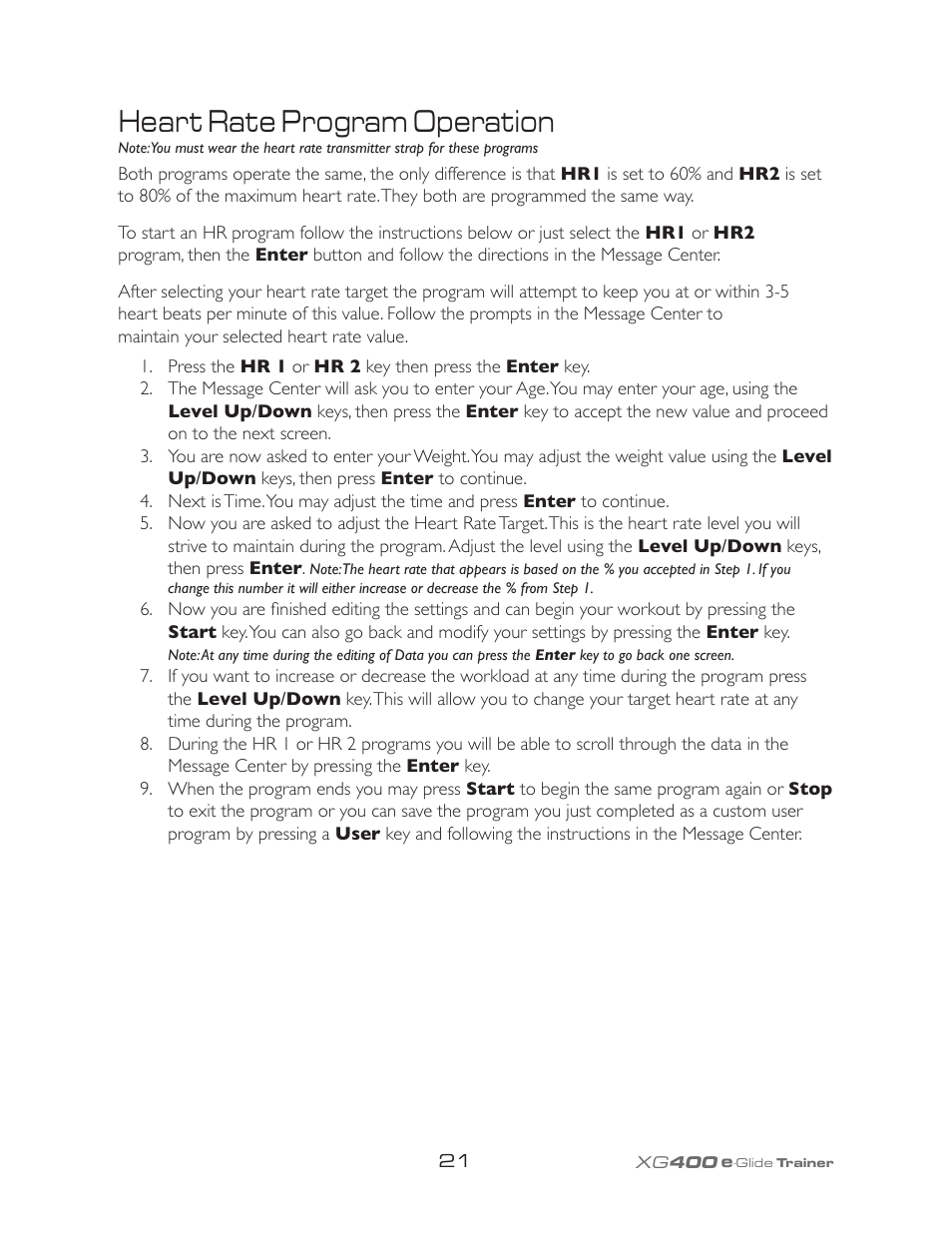 Heart rate program operation | Spirit XG400 User Manual | Page 25 / 28