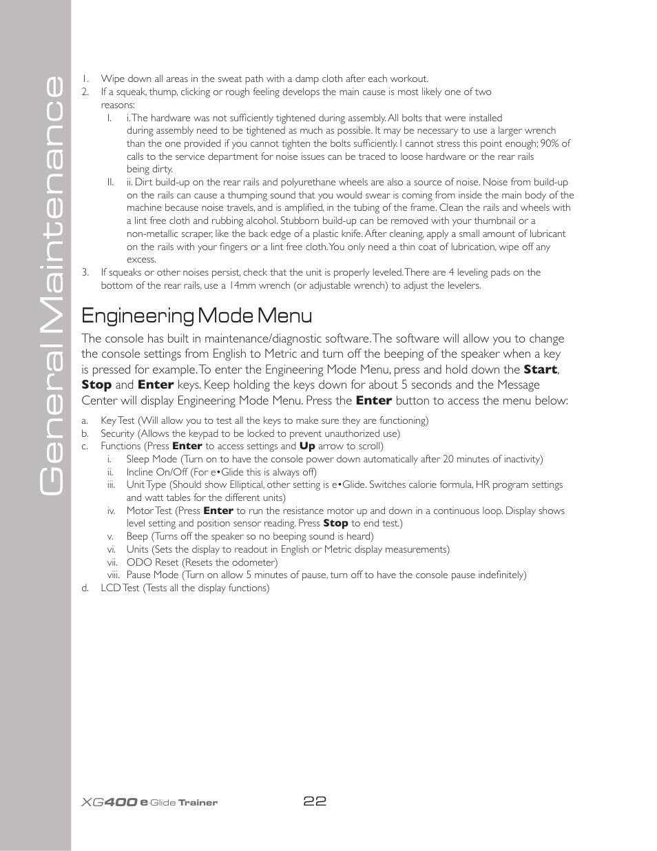 Gener al maintenance, Engineering mode menu | Spirit XG400 User Manual | Page 26 / 28