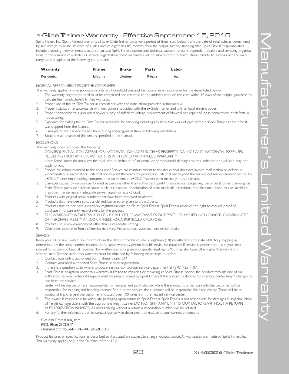 Manuf actur er’s limited w arr ant y | Spirit XG400 User Manual | Page 27 / 28