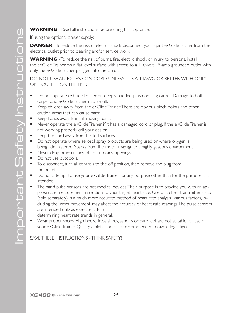 Important saf et y instructions | Spirit XG400 User Manual | Page 6 / 28