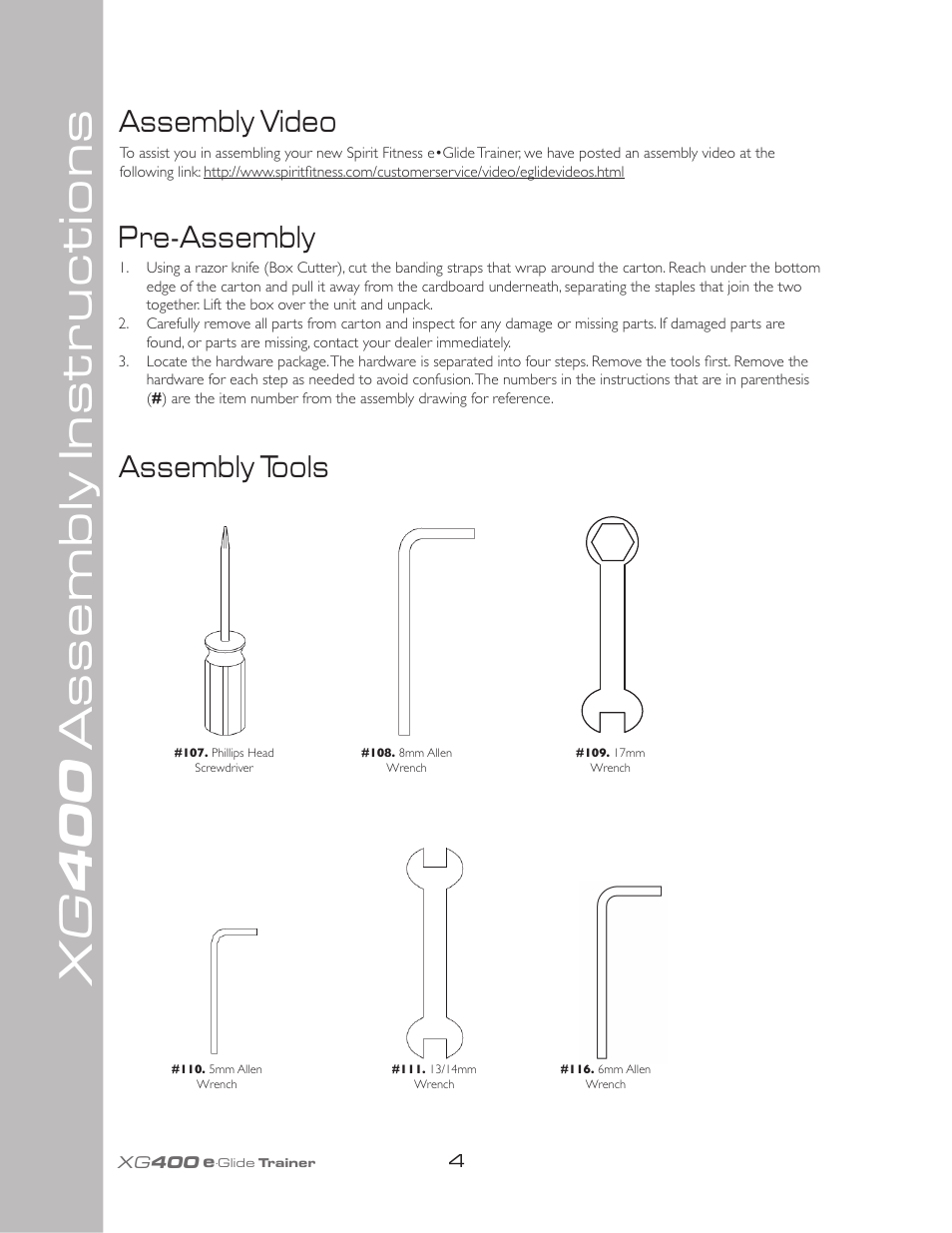 Xg 400, Assembly instructions, Assembly tools | Pre-assembly, Assembly video | Spirit XG400 User Manual | Page 8 / 28