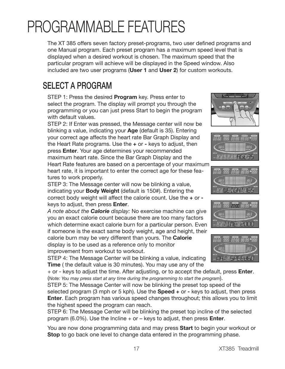 Programmable features, Select a program | Spirit XT385 User Manual | Page 19 / 32