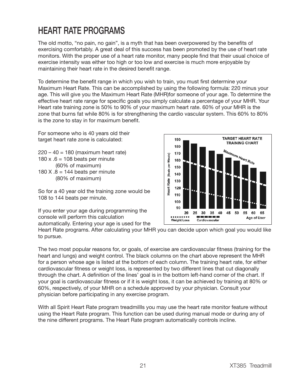 Heart rate programs | Spirit XT385 User Manual | Page 23 / 32