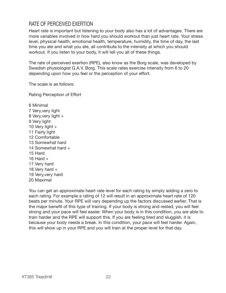 Rate of perceived exertion | Spirit XT385 User Manual | Page 24 / 32