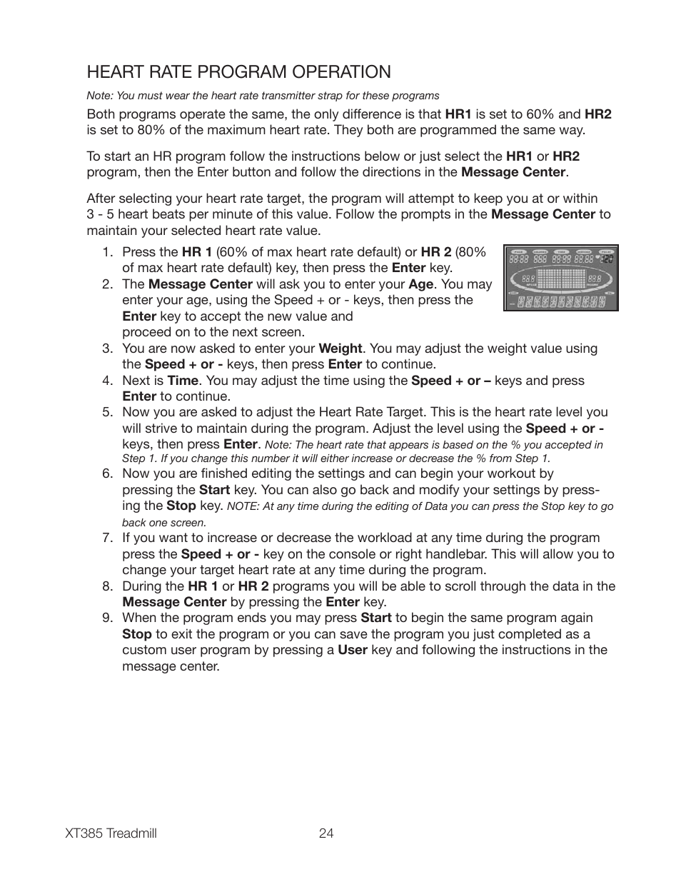 Heart rate program operation | Spirit XT385 User Manual | Page 26 / 32