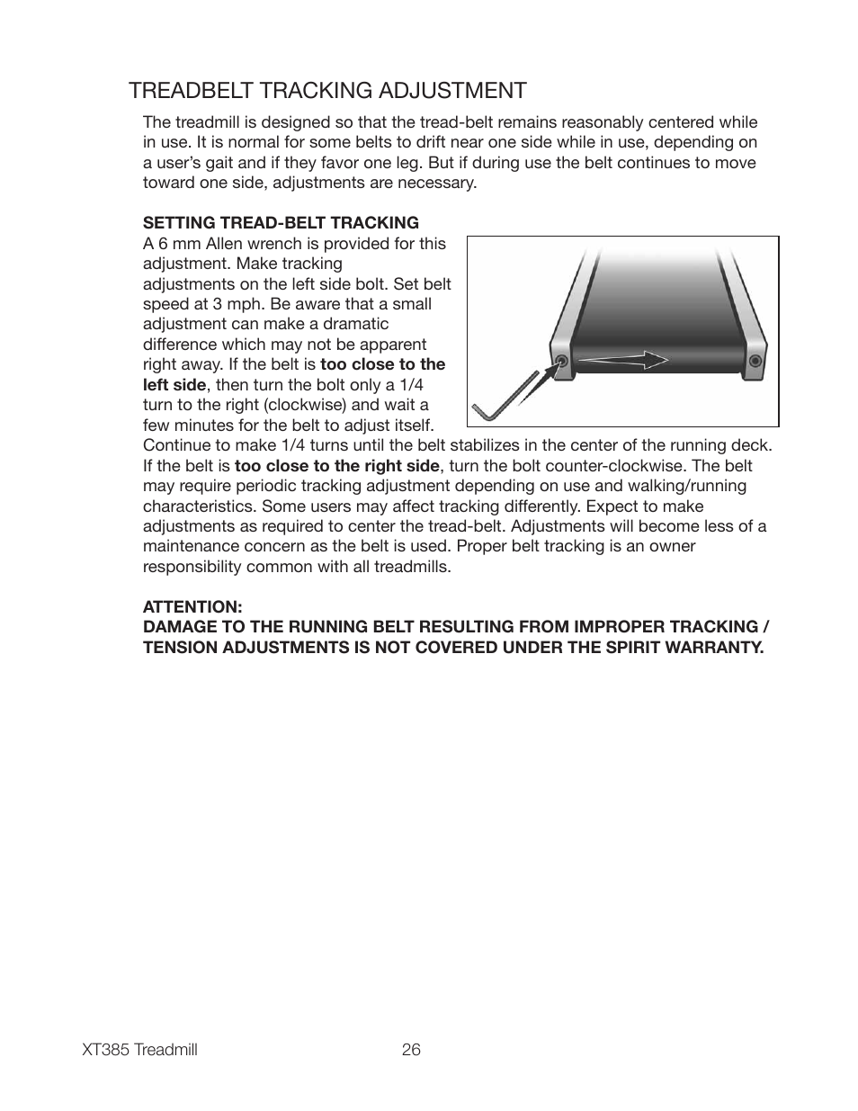 Treadbelt tracking adjustment | Spirit XT385 User Manual | Page 28 / 32