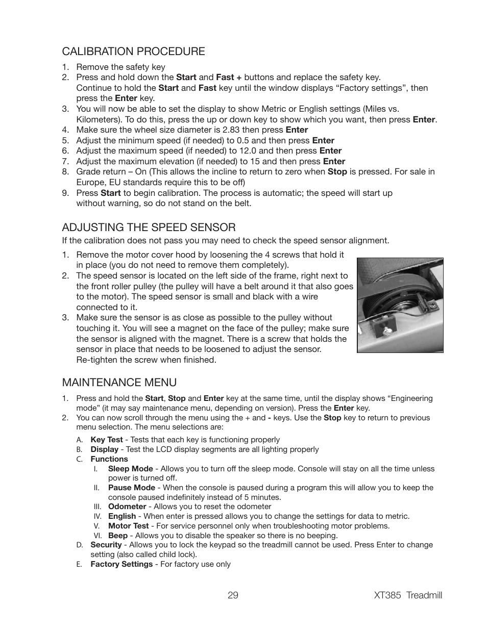 Calibration procedure, Adjusting the speed sensor, Maintenance menu | Spirit XT385 User Manual | Page 31 / 32