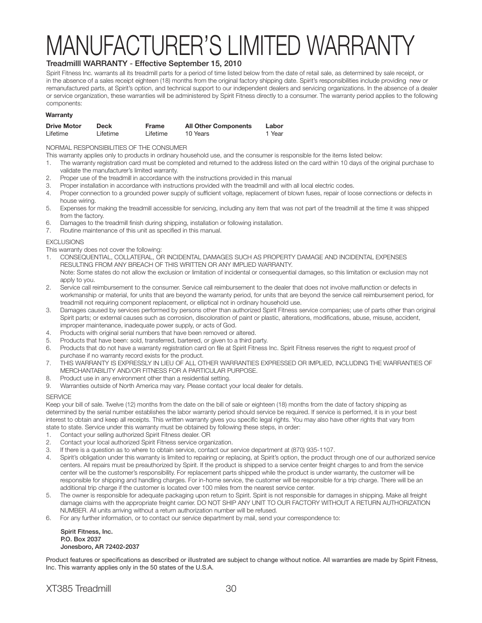 Manufacturer’s limited warranty | Spirit XT385 User Manual | Page 32 / 32