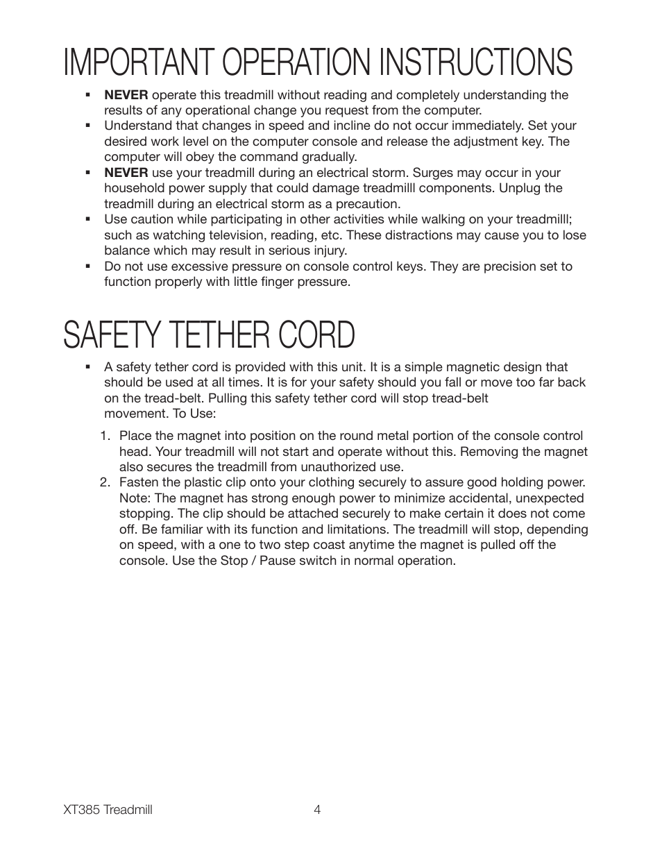 Important operation instructions, Safety tether cord | Spirit XT385 User Manual | Page 6 / 32