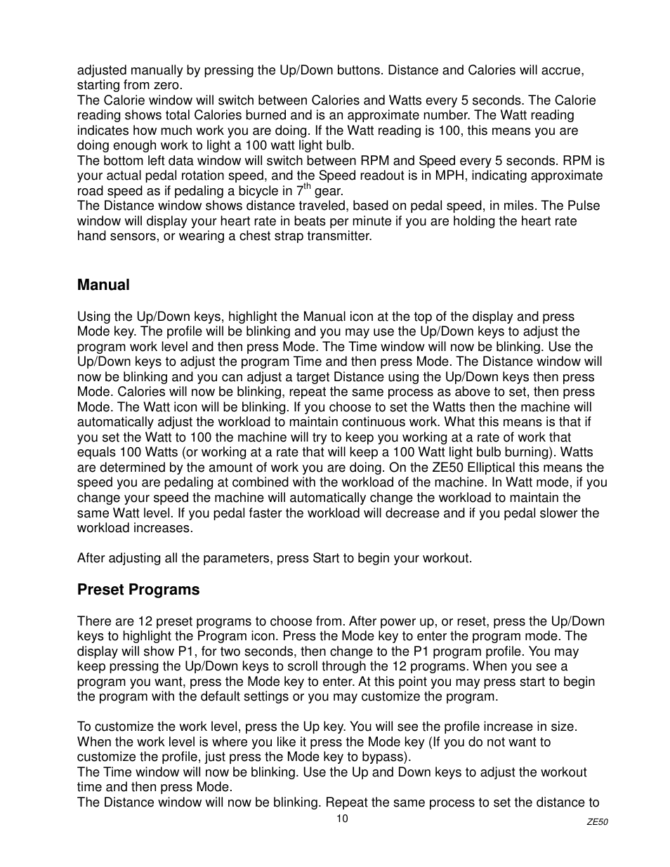 Manual, Preset programs | Spirit Z100 User Manual | Page 11 / 14
