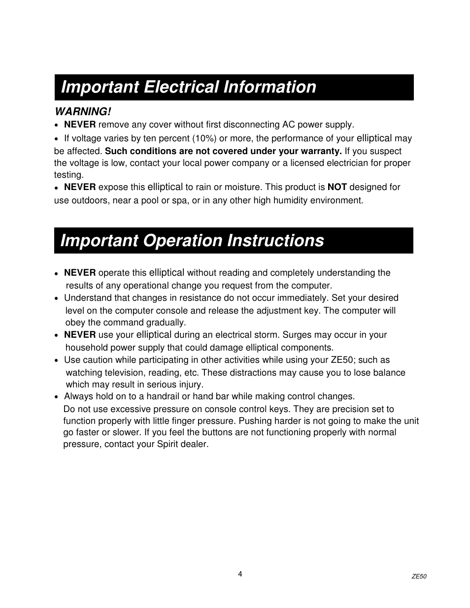 Important electrical information, Important operation instructions | Spirit Z100 User Manual | Page 5 / 14