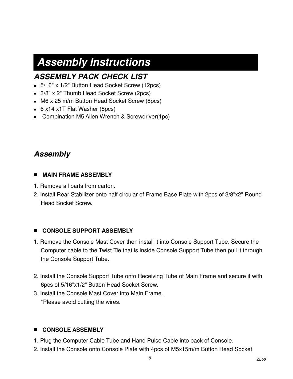 Assembly instructions, Assembly pack check list, Assembly | Spirit Z100 User Manual | Page 6 / 14