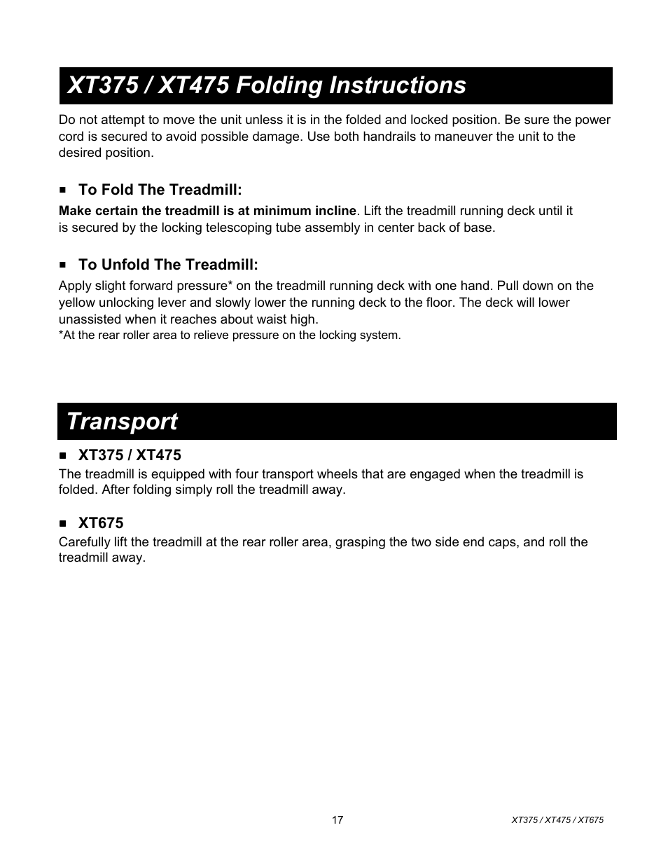 Transport | Spirit XT675 User Manual | Page 18 / 33