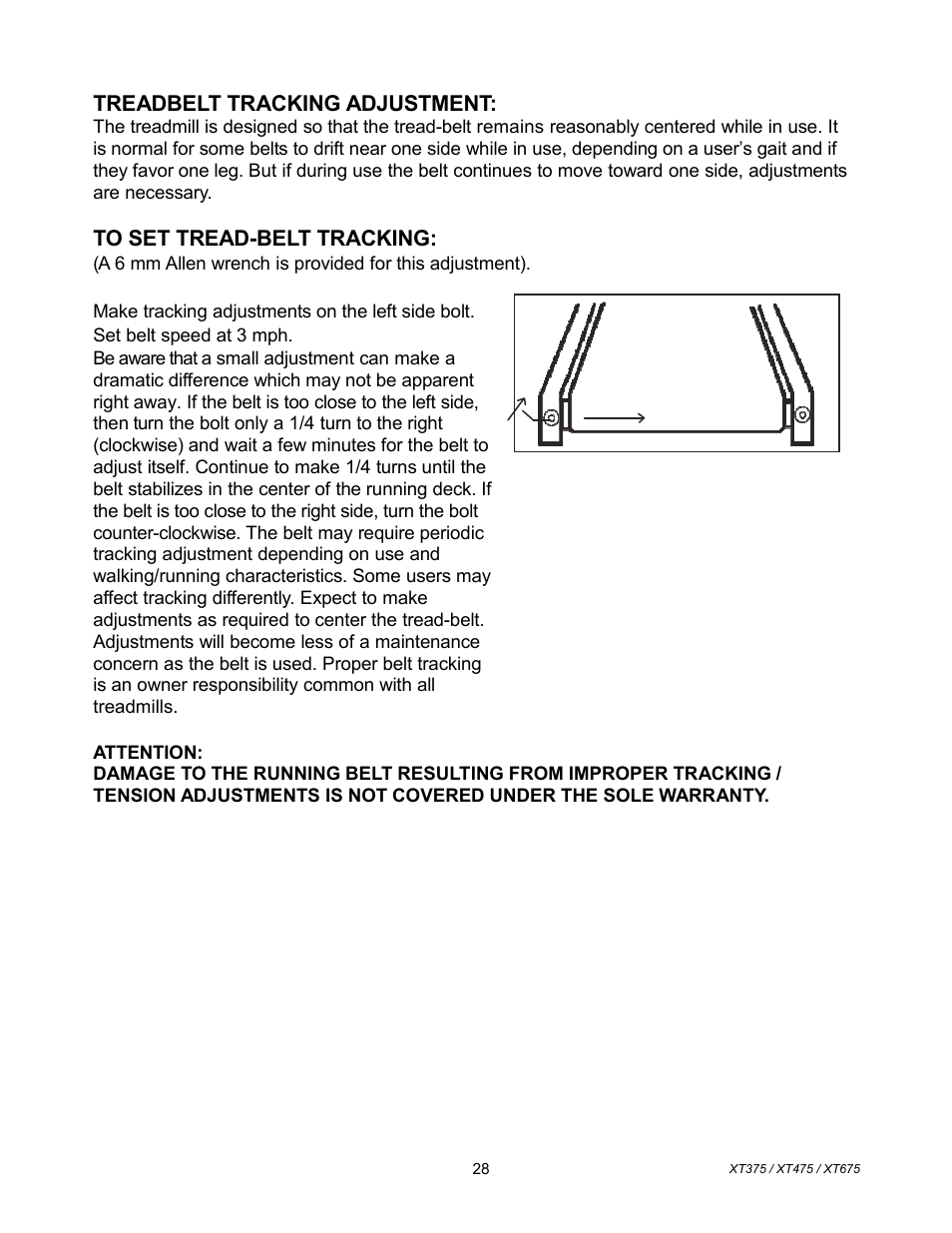 Treadbelt tracking adjustment | Spirit XT675 User Manual | Page 29 / 33