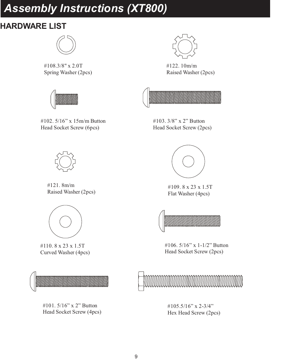 Assembly instructions (xt800), Hardware list | Spirit XT600 User Manual | Page 11 / 39