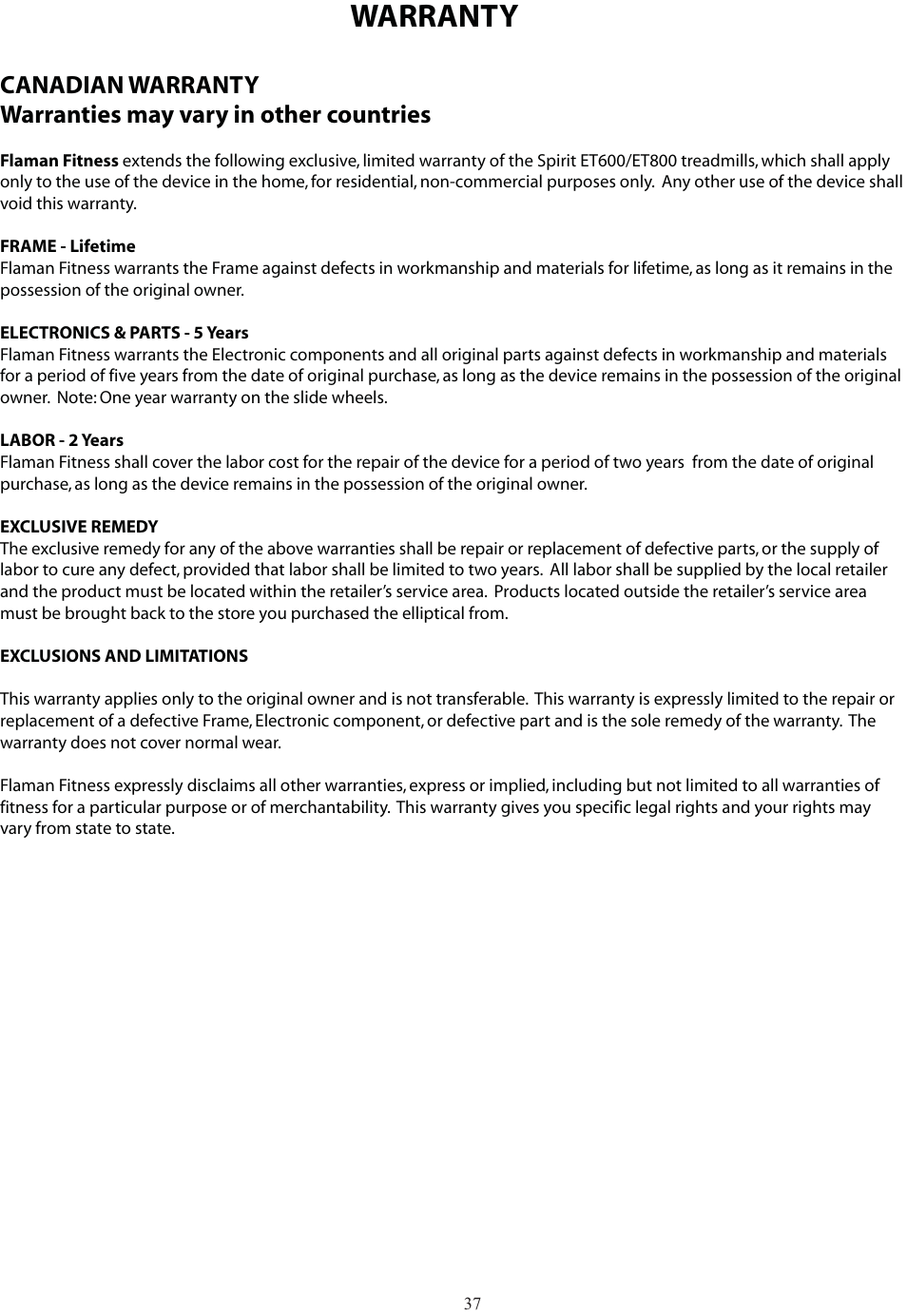 Warranty | Spirit XT600 User Manual | Page 39 / 39