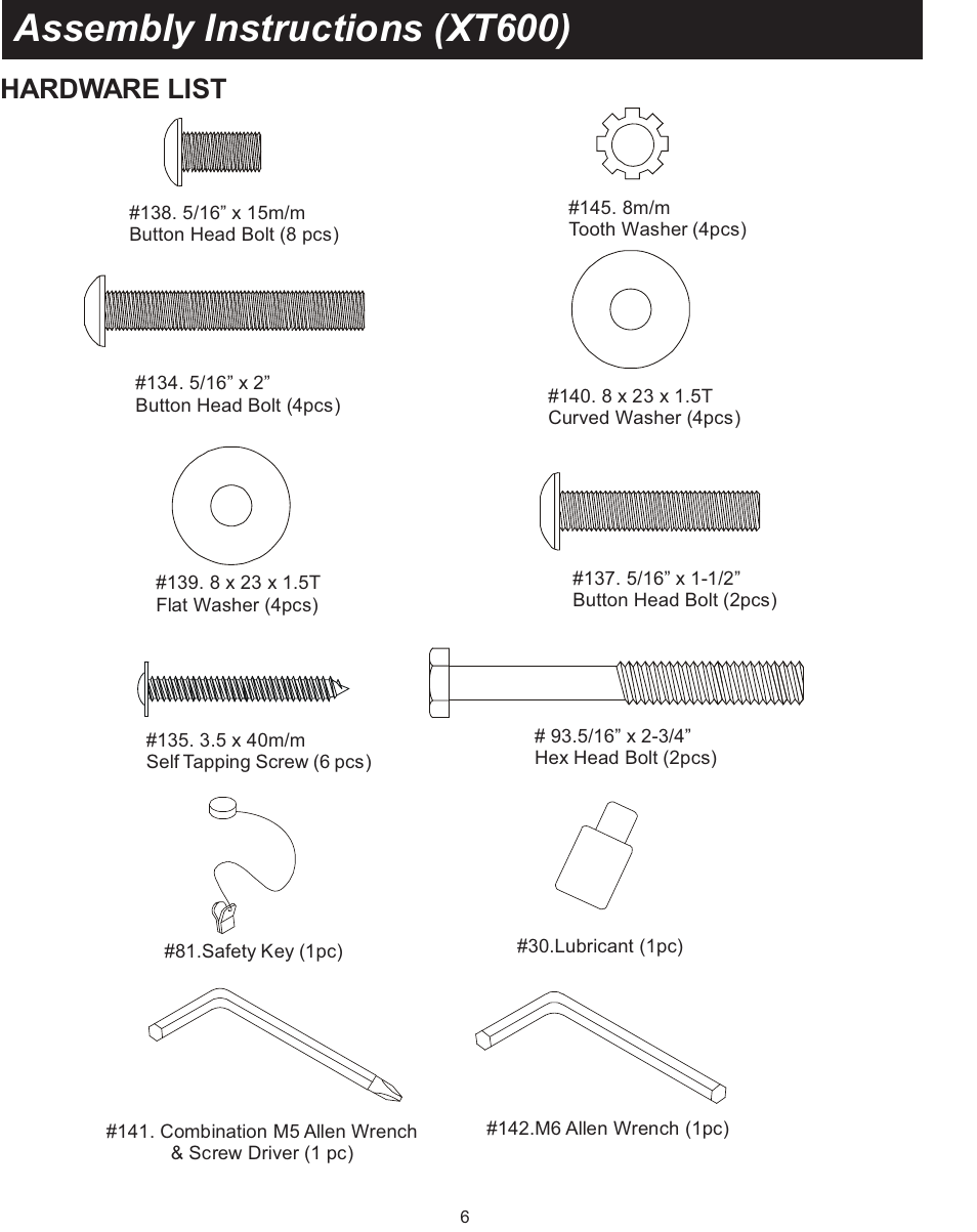 Assembly instructions (xt600), Hardware list | Spirit XT600 User Manual | Page 8 / 39