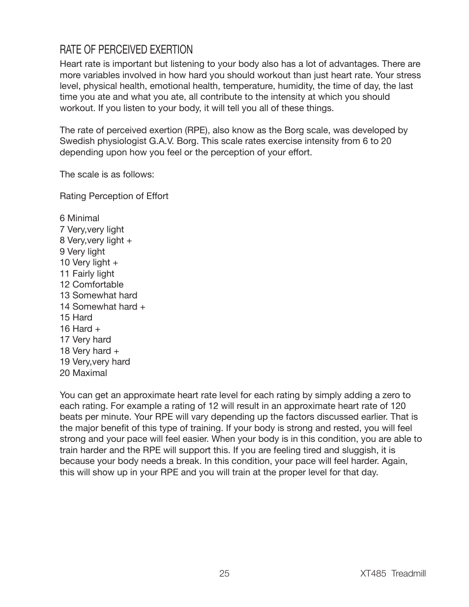 Rate of perceived exertion | Spirit XT485 User Manual | Page 27 / 35