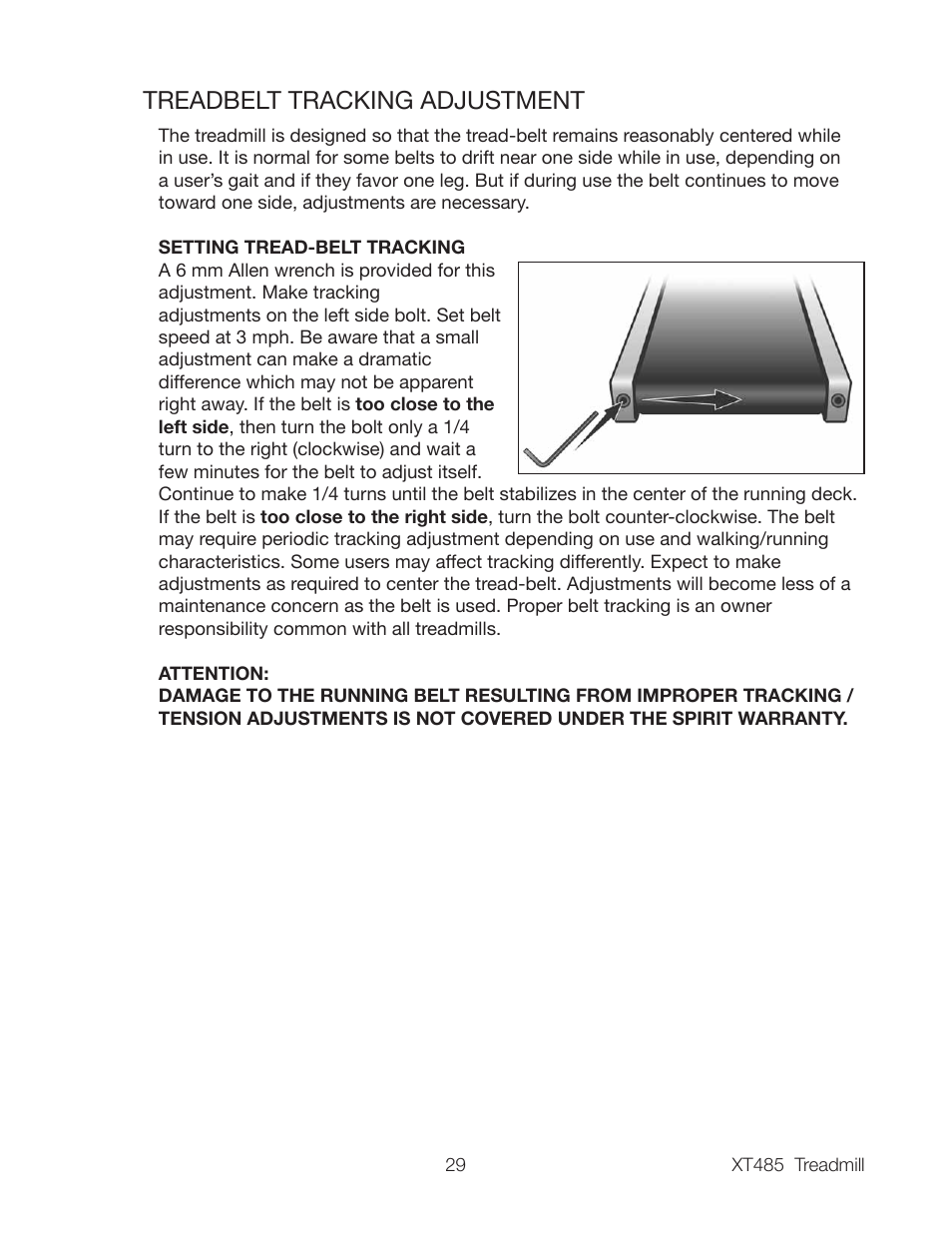 Treadbelt tracking adjustment | Spirit XT485 User Manual | Page 31 / 35