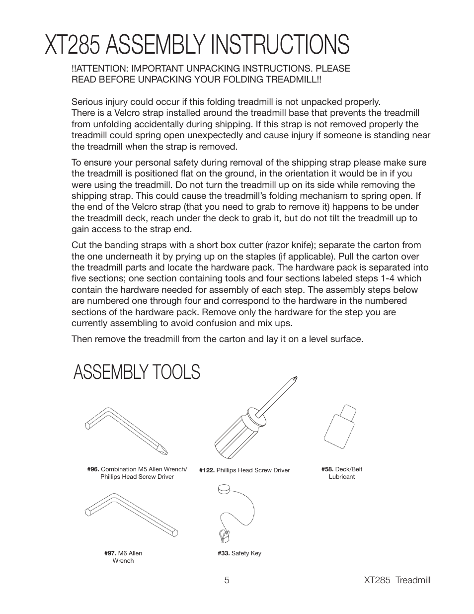 Xt285 assembly instructions, Assembly tools | Spirit XT285 User Manual | Page 7 / 29