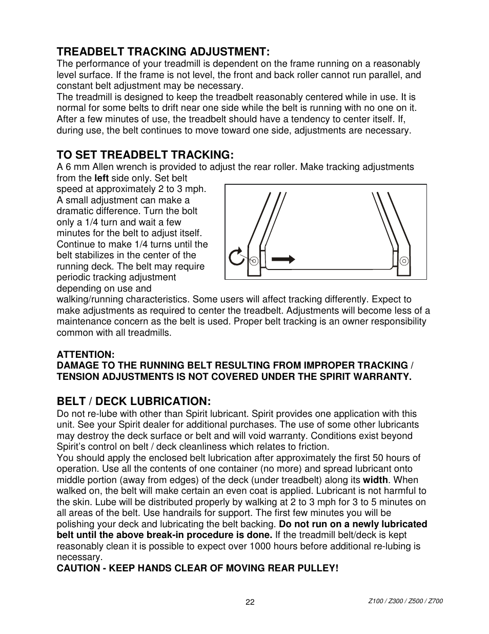 Treadbelt tracking adjustment, Belt / deck lubrication | Spirit 7300 User Manual | Page 10 / 12
