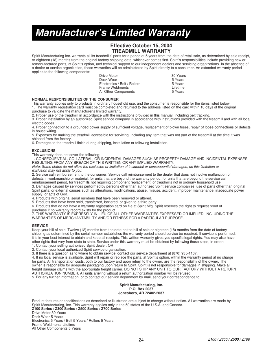 Manufacturer’s limited warranty | Spirit 7300 User Manual | Page 12 / 12