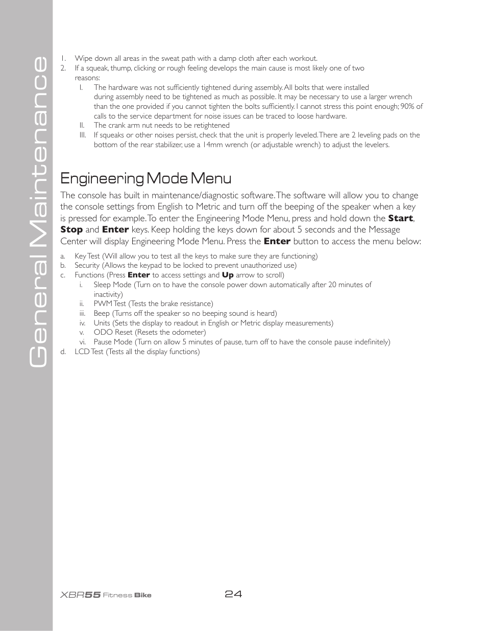 Gener al maintenance, Engineering mode menu | Spirit XBR55 User Manual | Page 28 / 30