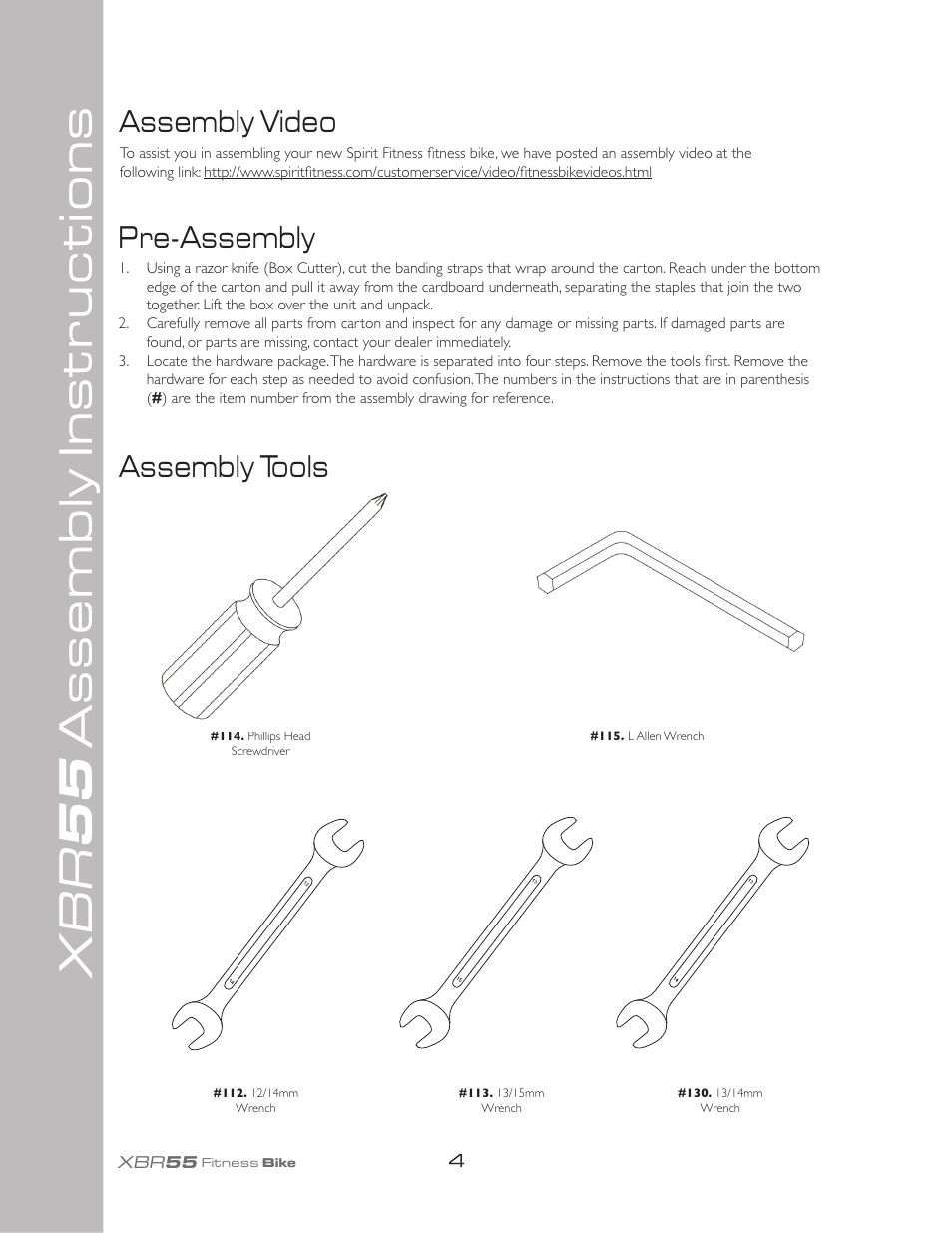 Xbr 55, Assembly instructions, Assembly tools | Pre-assembly, Assembly video | Spirit XBR55 User Manual | Page 8 / 30