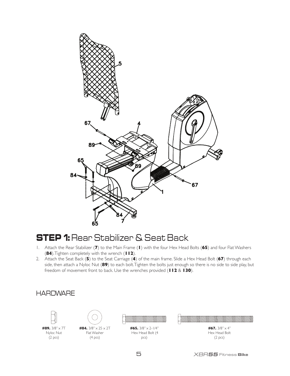 Step 1: rear stabilizer & seat back, Hardware | Spirit XBR55 User Manual | Page 9 / 30