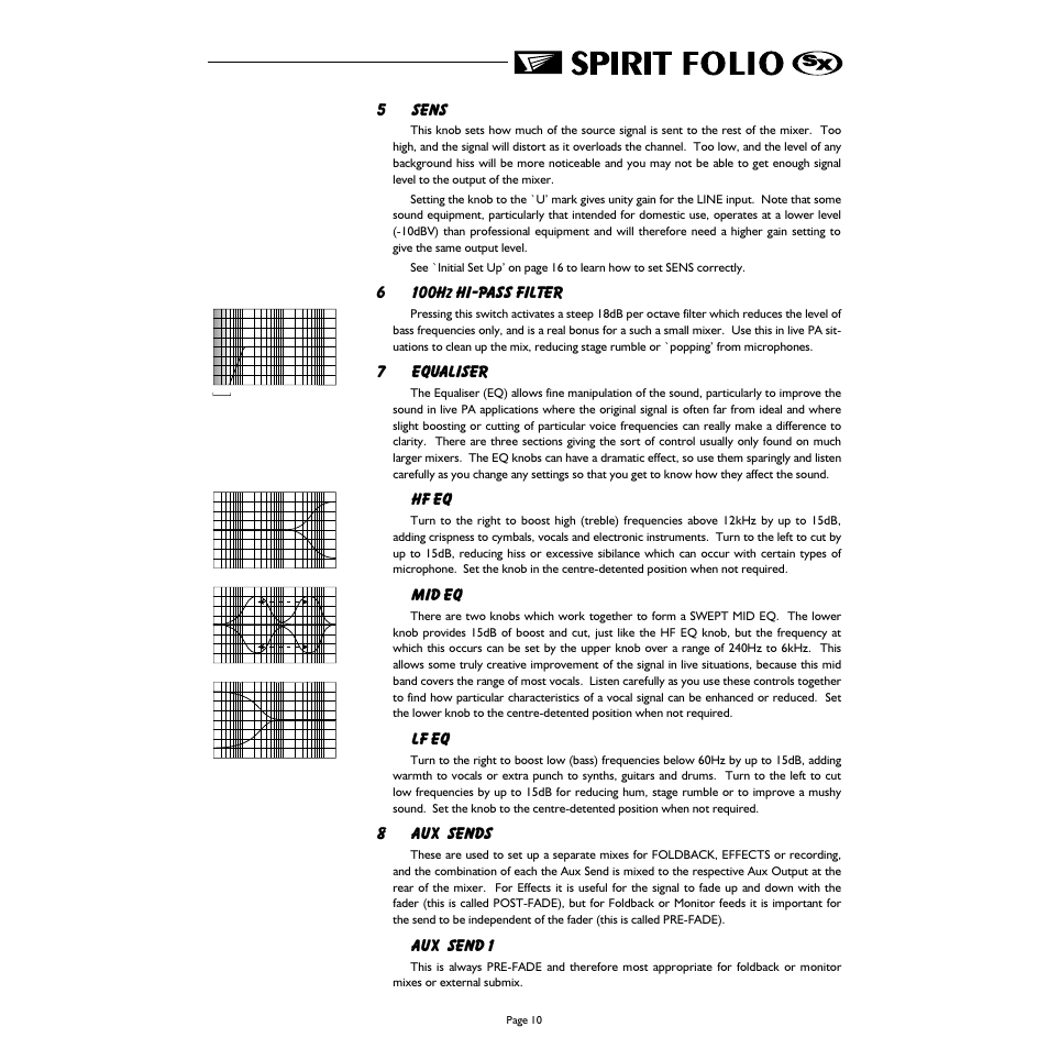 5sens, 6100h, Hi-pass filter | 7equaliser, Hf eq, Mid eq, Lf eq, 8aux sends, Aux send 1 | Spirit FOLIO SX mixer User Manual | Page 11 / 32