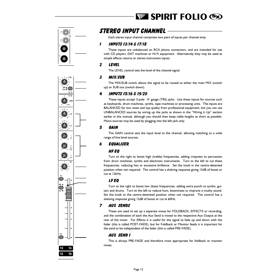 Stereo input channel | Spirit FOLIO SX mixer User Manual | Page 13 / 32
