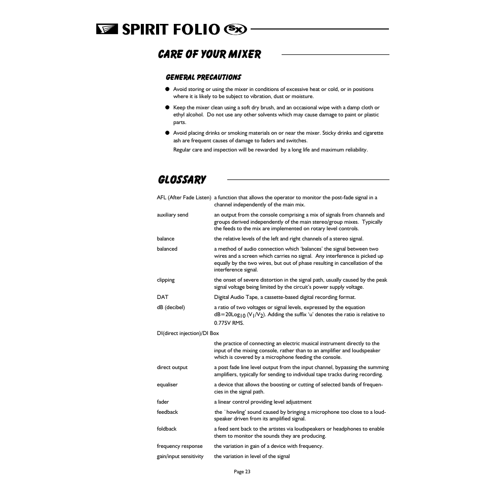 Care of your mixer, Glossary | Spirit FOLIO SX mixer User Manual | Page 24 / 32