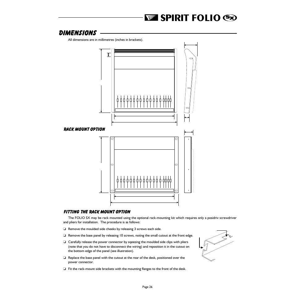 Dimensions, Rack mount option fitting the rack mount option | Spirit FOLIO SX mixer User Manual | Page 27 / 32