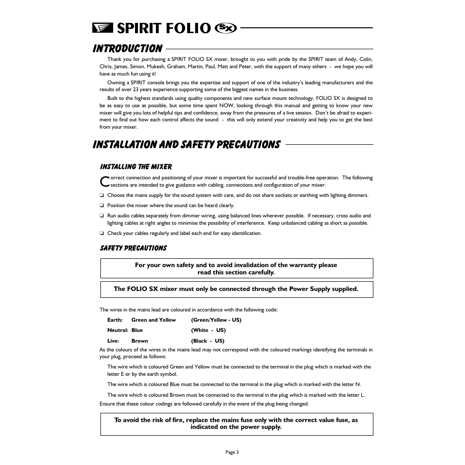 Introduction, Installation and safety precautions | Spirit FOLIO SX mixer User Manual | Page 4 / 32